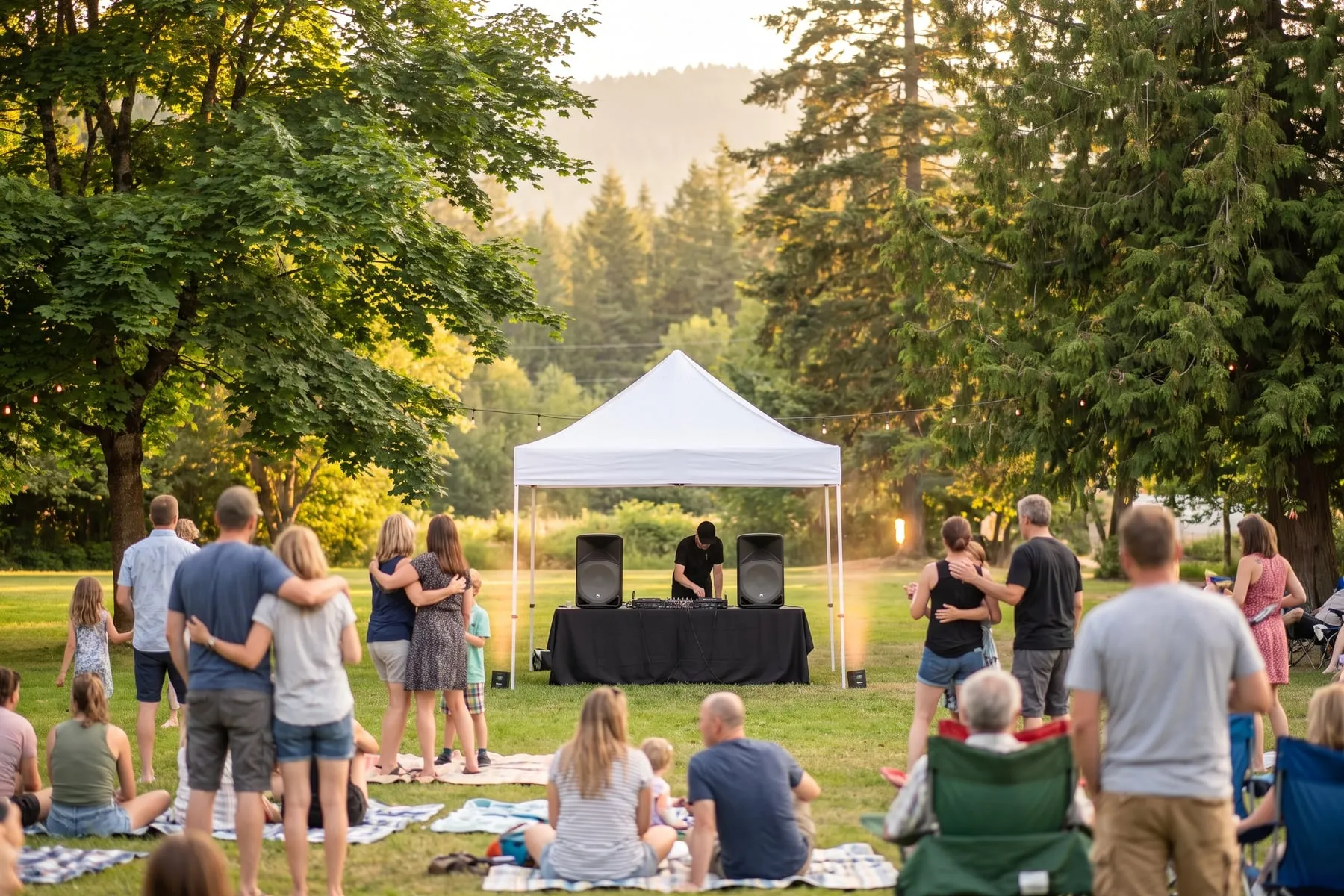 Families on picnic blankets in a sunny park facing a small white DJ tent, forested hills behind