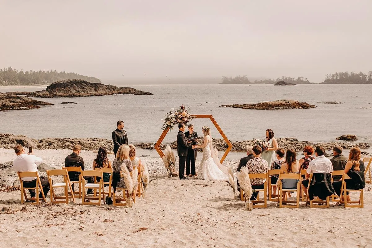 Beach wedding ceremony near the Wickaninnish Inn in Tofino, BC, guests seated facing the ocean and rocky islets